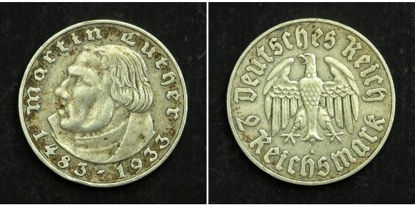 2 Reichsmark 納粹德國 (1933 - 1945) 銀 馬丁·路德
