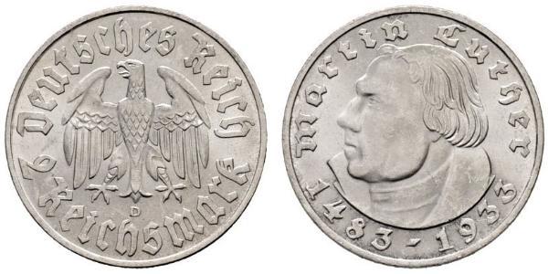 2 Reichsmark 納粹德國 (1933 - 1945) 銀 馬丁·路德