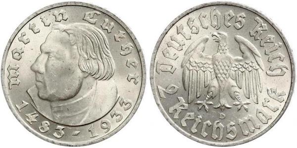 2 Reichsmark 納粹德國 (1933 - 1945) 銀 馬丁·路德