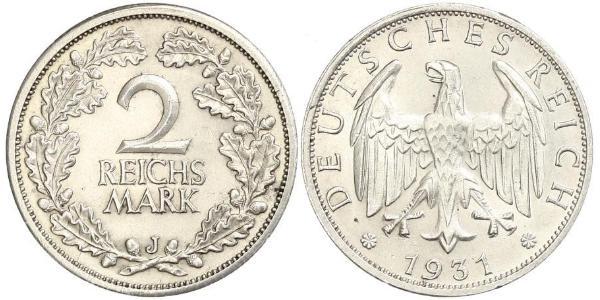 2 Reichsmark 魏瑪共和國 (1919 - 1933) 銀 