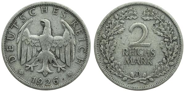 2 Reichsmark 魏瑪共和國 (1919 - 1933) 銀 