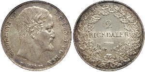 2 Rigisdaler Dinamarca Plata Federico VII de Dinamarca (1808-1863)