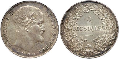 2 Rigisdaler Dinamarca Plata Federico VII de Dinamarca (1808-1863)