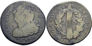 2 Sol Reino de Francia (843-1791) Bronce Luis XVI de Francia (1754 - 1793)