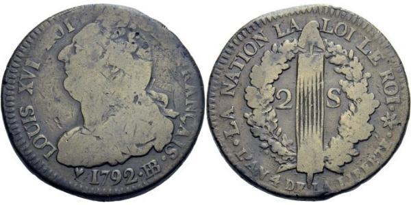 2 Sol Reino de Francia (843-1791) Bronce Luis XVI de Francia (1754 - 1793)