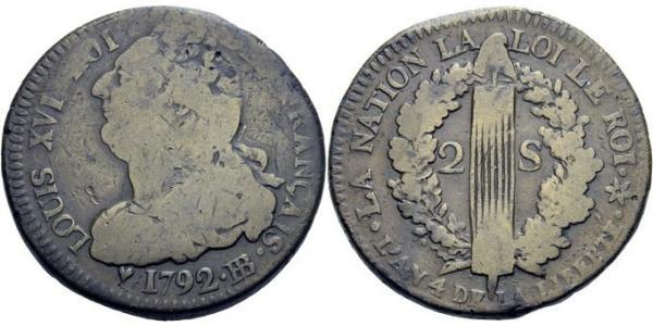 2 Sol Kingdom of France (843-1791) Bronze Louis XVI of France (1754 - 1793)