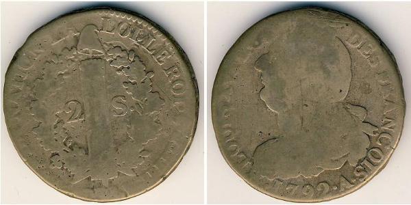 2 Sol Kingdom of France (843-1791) Bronze Louis XVI of France (1754 - 1793)