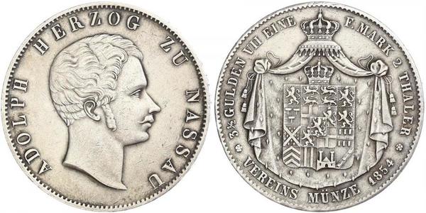 2 Thaler Nassau (stato) (1806 - 1866) Argento Adolfo di Lussemburgo