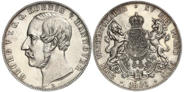 2 Thaler Regno di Hannover (1814 - 1866) Argento Giorgio V di Hannover (1819 - 1878)