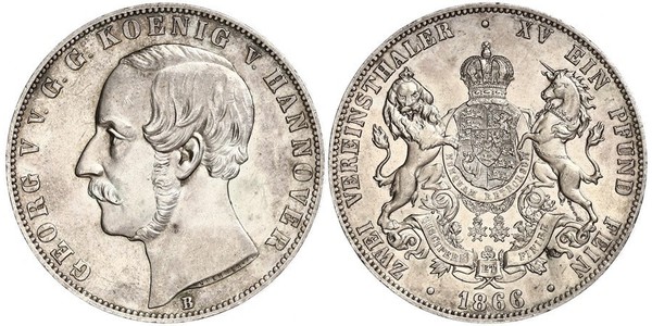 2 Thaler Kingdom of Hanover (1814 - 1866) Silver George V of Hanover (1819 - 1878)