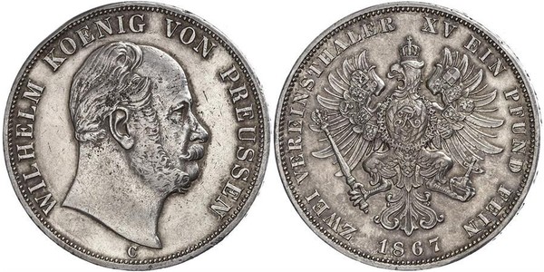 2 Thaler 普魯士王國 (1701 - 1918) 銀 威廉一世 (德国)
