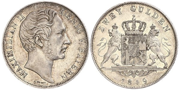 2 Гульден Королівство Баварія (1806 - 1918) Срібло Максиміліан II (король Баварії)(1811 - 1864)