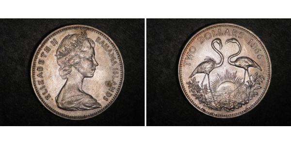 2 Доллар Багамские о-ва Серебро Елизавета II (1926-2022)