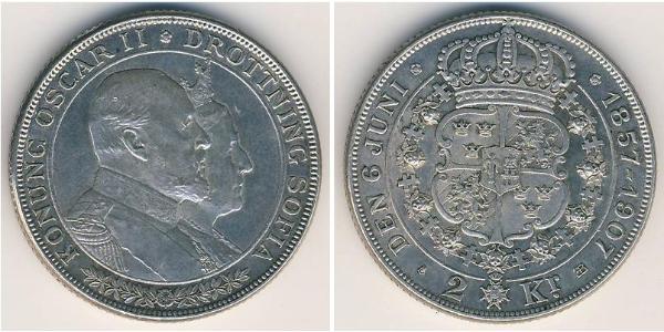 2 Крона Швеция Серебро Оскар II (1829-1907)