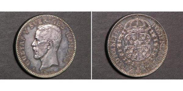 2 Крона Швеция Серебро Густав V (1858 - 1950)