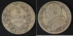 2 Ліра Папська держава (752-1870) Срібло Пій IX (1792- 1878)
