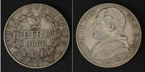 2 Ліра Папська держава (752-1870) Срібло Пій IX (1792- 1878)