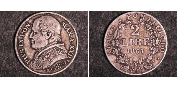 2 Ліра Папська держава (752-1870) Срібло Пій IX (1792- 1878)