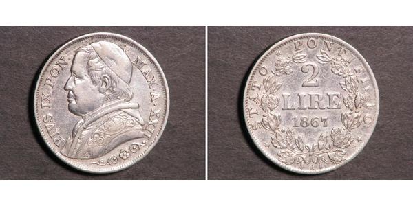 2 Ліра Папська держава (752-1870) Срібло Пій IX (1792- 1878)