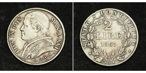 2 Ліра Папська держава (752-1870) Срібло Пій IX (1792- 1878)