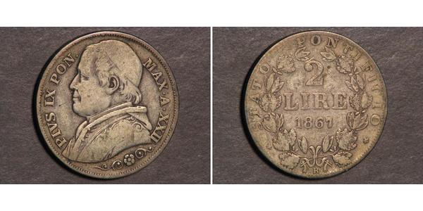 2 Ліра Папська держава (752-1870) Срібло Пій IX (1792- 1878)