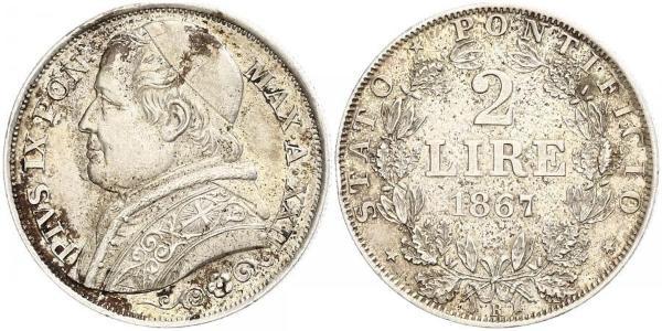 2 Ліра Папська держава (752-1870) Срібло Пій IX (1792- 1878)