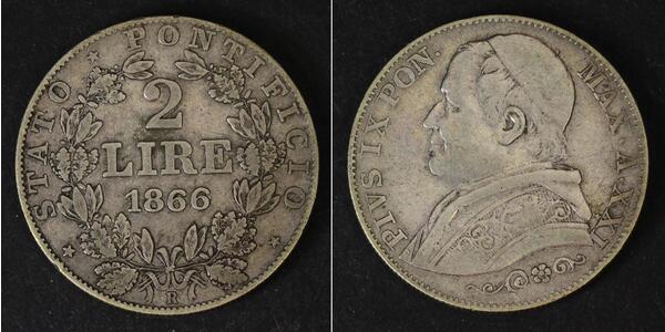 2 Ліра Папська держава (752-1870) Срібло Пій IX (1792- 1878)