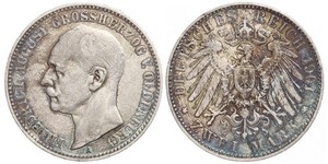 2 Марка Grand Duchy of Oldenburg (1814 - 1918) Серебро Фридрих Август III (король Саксонии) (1865-1932)