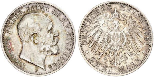 2 Марка Grand Duchy of Oldenburg (1814 - 1918) Серебро Пётр II Ольденбургский (1827 - 1900)