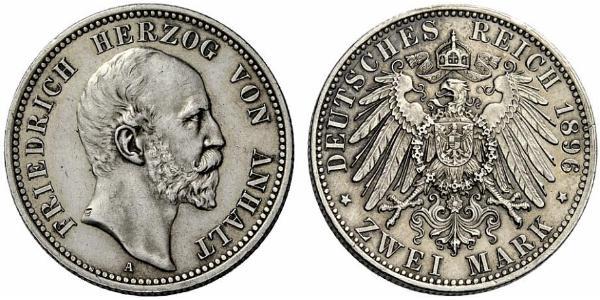 2 Марка Ангальт-Дессау (1603 -1863) Серебро Frederick I, Duke of Anhalt (1831-1904)