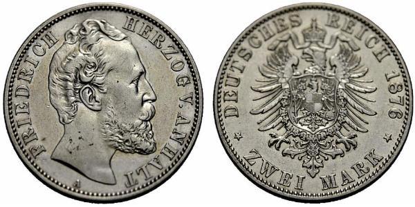 2 Марка Ангальт-Дессау (1603 -1863) / Анхальт (1806 - 1918) Серебро Frederick I, Duke of Anhalt (1831-1904)