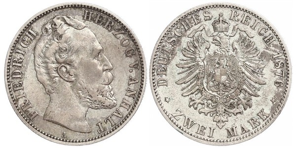 2 Марка Ангальт-Дессау (1603 -1863) / Анхальт (1806 - 1918) Серебро Frederick I, Duke of Anhalt (1831-1904)