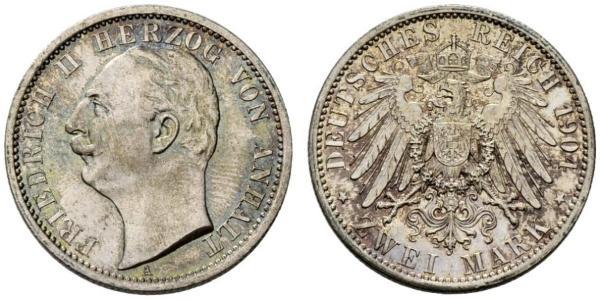 2 Марка Ангальт-Дессау (1603 -1863) / Анхальт (1806 - 1918) Серебро Фридрих II, герцог Ангальта(1856 – 1918)