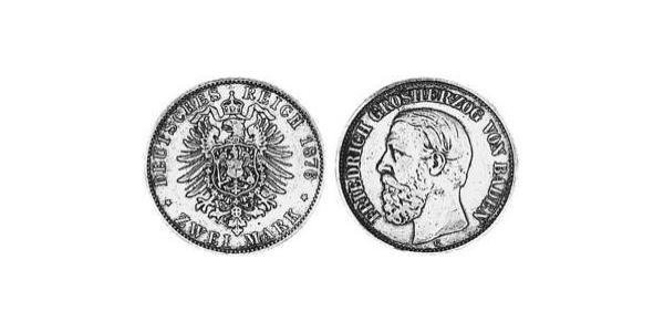 2 Марка Великое герцогство Баден (1806-1918) Серебро Фридрих I (великий герцог Баденский) (1826 - 1907)