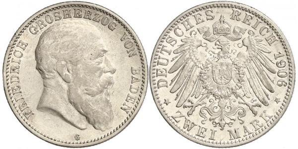 2 Марка Великое герцогство Баден (1806-1918) Серебро Фридрих I (великий герцог Баденский) (1826 - 1907)