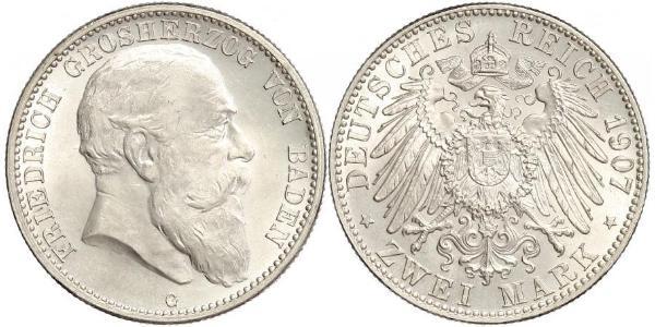 2 Марка Великое герцогство Баден (1806-1918) Серебро Фридрих I (великий герцог Баденский) (1826 - 1907)