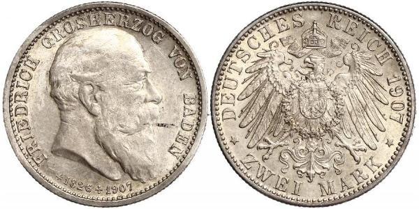2 Марка Великое герцогство Баден (1806-1918) Серебро Фридрих I (великий герцог Баденский) (1826 - 1907)