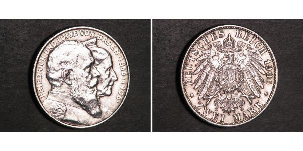 2 Марка Великое герцогство Баден (1806-1918) Серебро Фридрих I (великий герцог Баденский) (1826 - 1907)