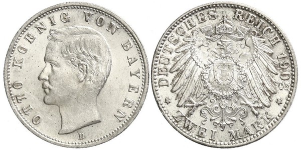 2 Марка Королевство Бавария (1806 - 1918) Серебро Отто I (король Баварии)(1848 – 1916)
