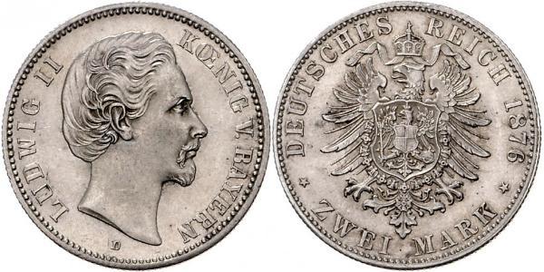 2 Марка Королевство Бавария (1806 - 1918) Серебро Людвиг II (король Баварии)(1845 – 1886)