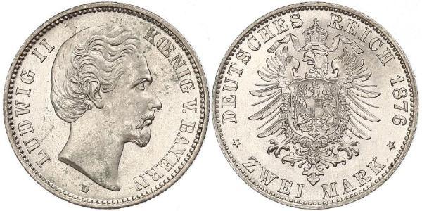 2 Марка Королевство Бавария (1806 - 1918) Серебро Людвиг II (король Баварии)(1845 – 1886)
