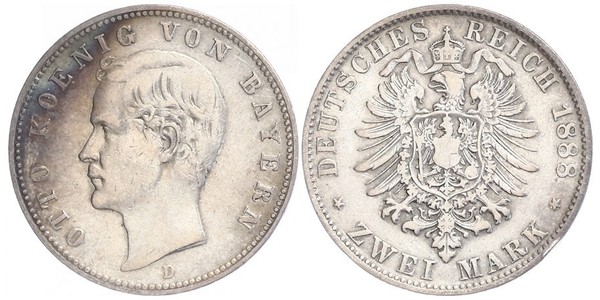 2 Марка Королевство Бавария (1806 - 1918) Серебро Отто I (король Баварии)(1848 – 1916)