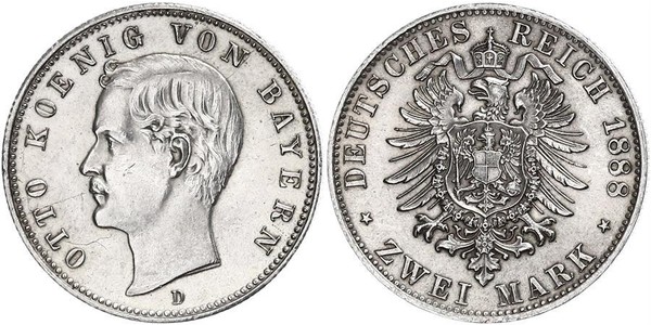 2 Марка Королевство Бавария (1806 - 1918) Серебро Отто I (король Баварии)(1848 – 1916)