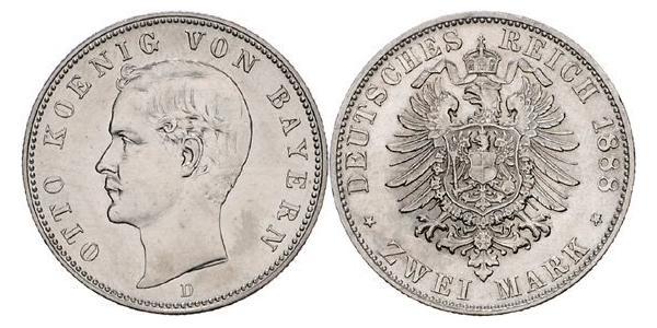 2 Марка Королевство Бавария (1806 - 1918) Серебро Отто I (король Баварии)(1848 – 1916)