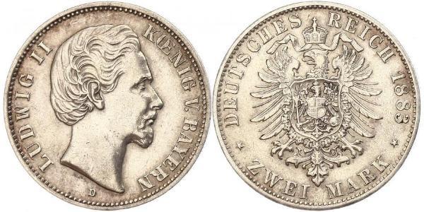 2 Марка Королевство Бавария (1806 - 1918) Серебро Людвиг II (король Баварии)(1845 – 1886)