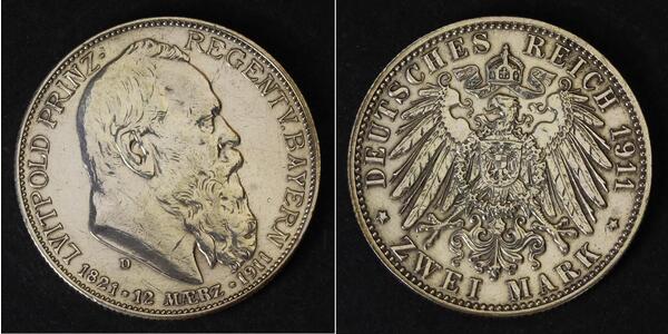 2 Марка Королевство Бавария (1806 - 1918) Серебро Отто I (король Баварии)(1848 – 1916)