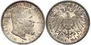2 Марка Королевство Вюртемберг (1806-1918) Серебро Wilhelm II, German Emperor (1859-1941)