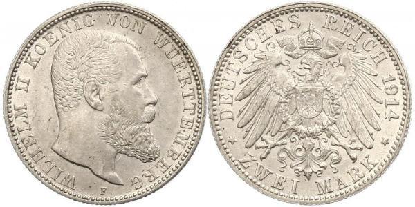 2 Марка Королевство Вюртемберг (1806-1918) Серебро Wilhelm II, German Emperor (1859-1941)