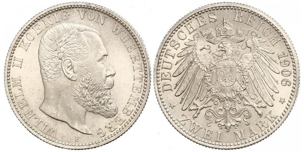 2 Марка Королевство Вюртемберг (1806-1918) Серебро Wilhelm II, German Emperor (1859-1941)