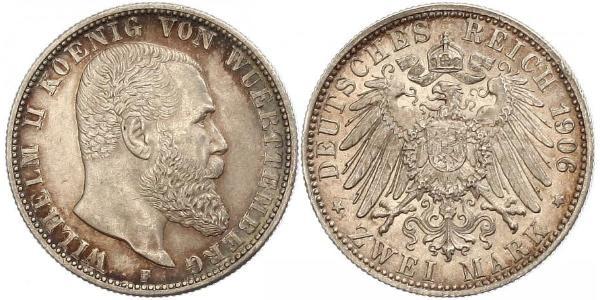 2 Марка Королевство Вюртемберг (1806-1918) Серебро Wilhelm II, German Emperor (1859-1941)